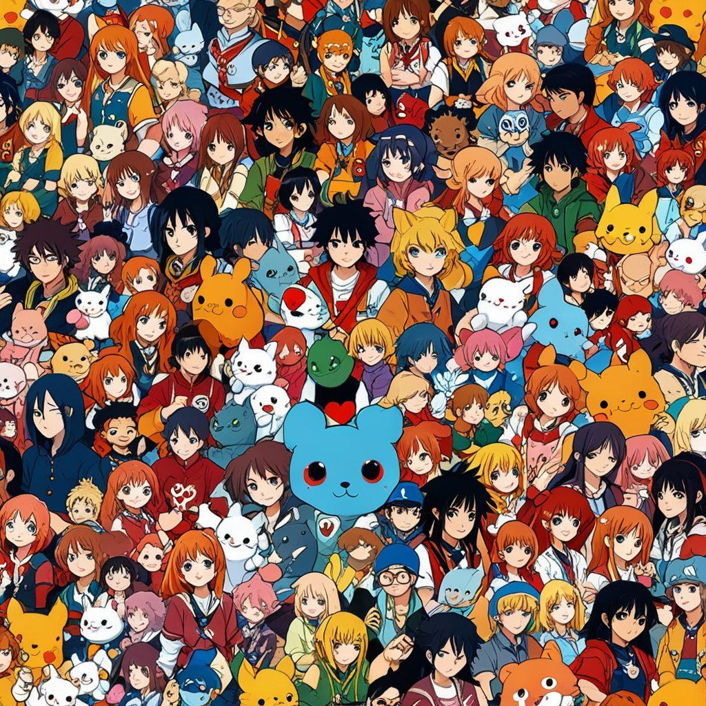 A vibrant and dynamic collage depicting various anime characters in heated fan discussions, surrounded by shipping art and fandom memorabilia. Incorporate elements like cozy meetups with fans, merchandise like plushies and posters, and hearts symbolizing relationships. Showcase a blend of diverse characters from different genres, emphasizing the communal aspect of anime culture. Use bright colors and a playful, energetic style to capture the excitement of the community. digital art. vibrant colors. energetic composition.