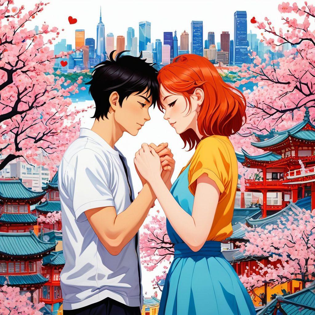 A vibrant collage of various anime couples from different genres, showcasing diverse relationships, with elements symbolizing love and connection, such as hearts and intertwined hands. The background features iconic anime landscapes, representing cultural diversity, like cherry blossoms and city skylines. Bright colors and emotional expressions convey warmth and unity. A blend of comedic and dramatic styles to represent the spectrum of real-life connections. super-realistic. vibrant colors. white background.