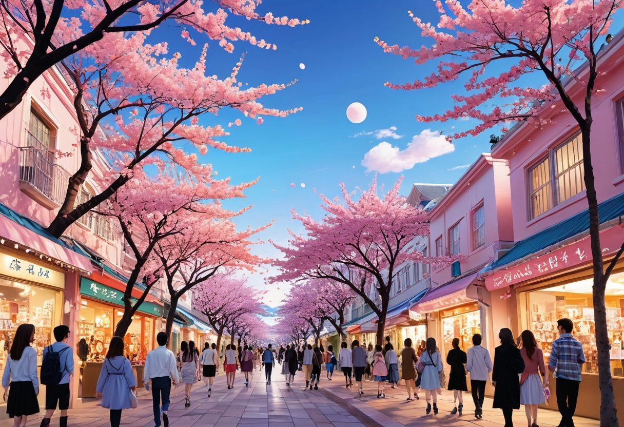 A whimsical scene depicting a diverse group of anime characters engaged in various romantic interactions, set against a vibrant cityscape infused with elements of Japanese culture. The background features cherry blossoms gently falling, with vivid pastel hues enhancing the overall atmosphere of love and friendship. Incorporate manga-style speech bubbles showcasing their thoughts and emotions. Capture the essence of fandom with merchandise like plushies and posters scattered around. bright colors. anime style. dynamic composition.